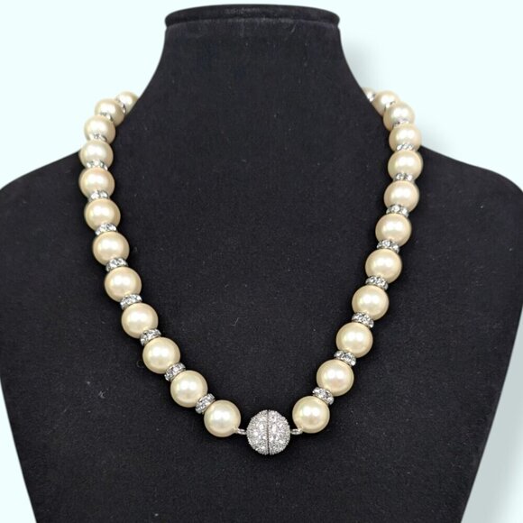 V. Glass Pearl Rhinestone Accent Necklace - Picture 1 of 6